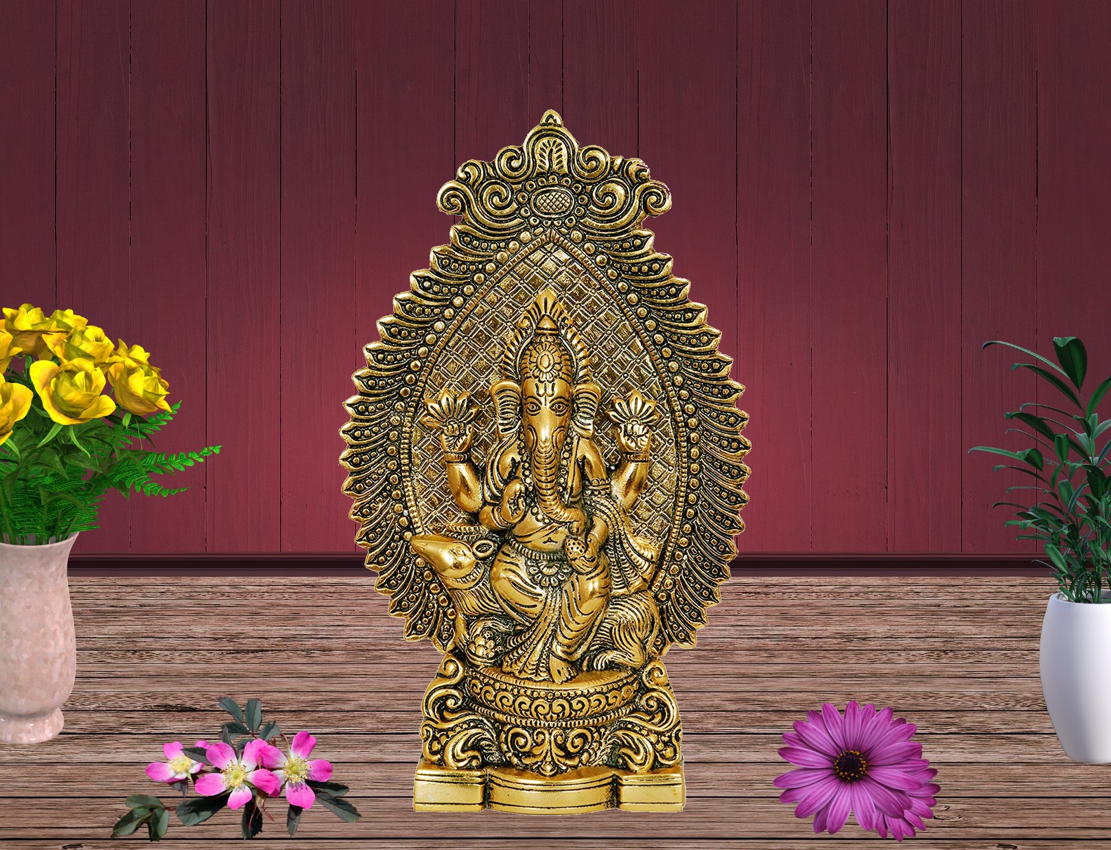 Nexplora Industries Pvt. Ltd. Metal Ganesh Idol Ganpati Sitting On Mouse Statue, Height 27 cm, Gold Antique, 1 Piece