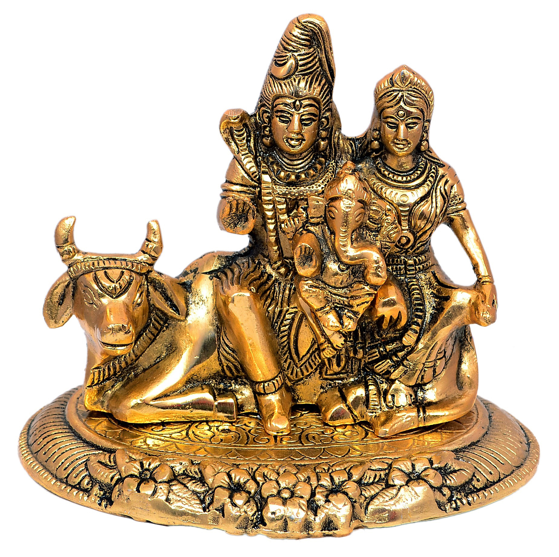 Nexplora Industries Pvt. Ltd. Metal Shiv Parivar Murti Idol, Shiva Parvati Ganesh on Nandi Idol Showpiece, Height 15 cm, Gold Antique,1 Piece