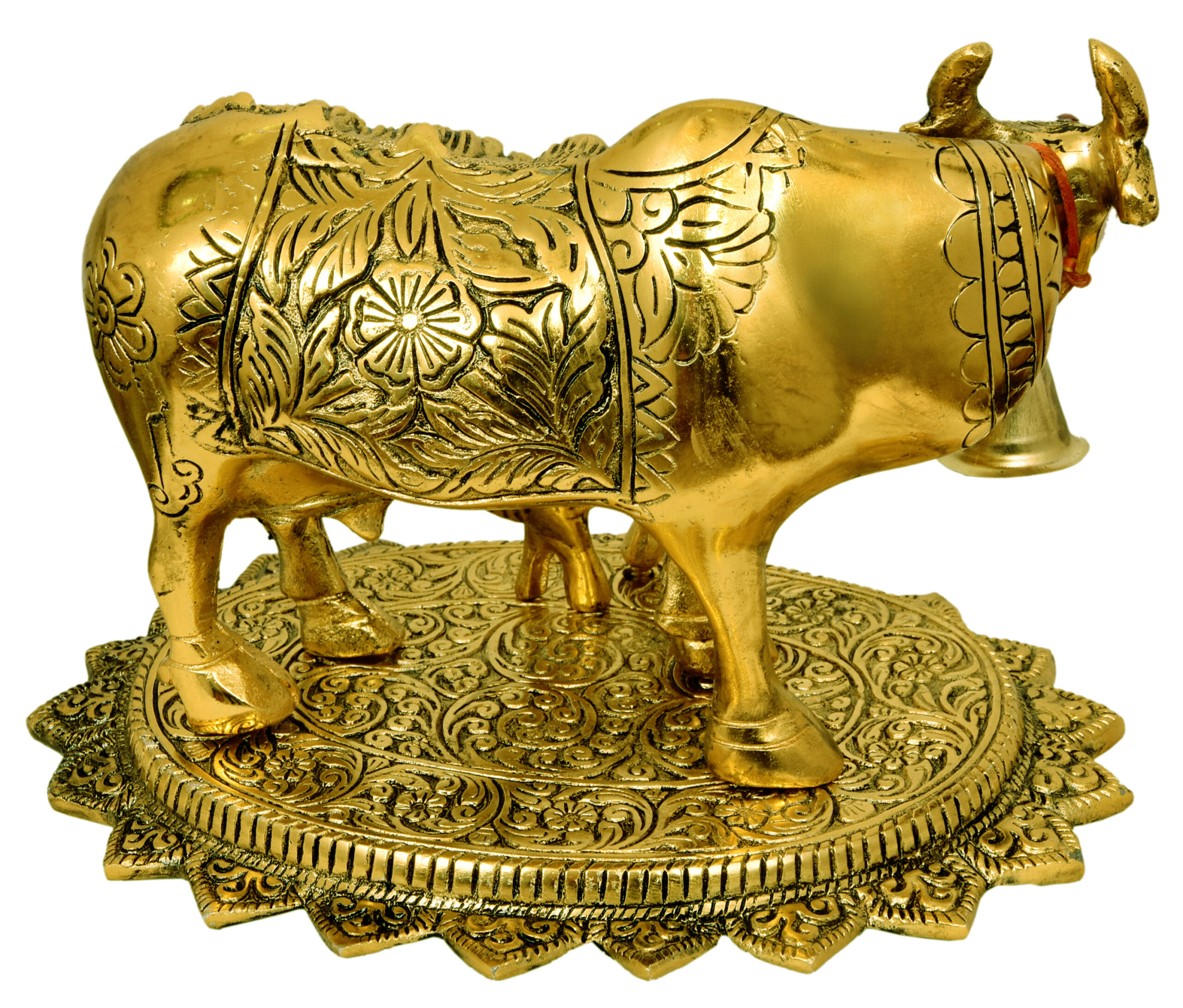 Nexplora Industries Pvt. Ltd. Metal Large Gold Elegant Kamdhenu Cow and Calf Idol Showpiece, Length 24 cm, Gold Antique, 1 Piece